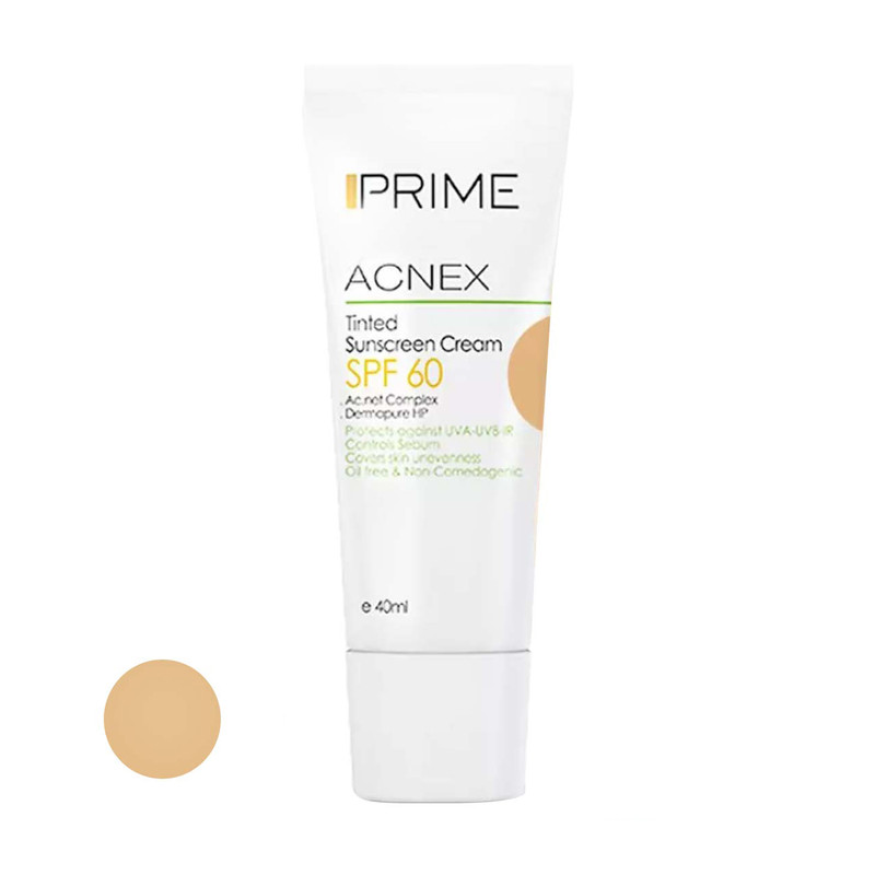 کرم ضدآفتاب رنگی پرایم SPF60 مدل Acnex، مناسب پوستهای چرب، حجم 40 میلیلیتر
