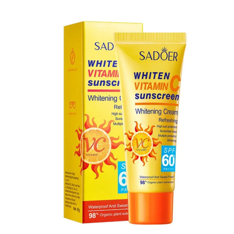 کرم ضد آفتاب بدون رنگ صورت و بدن سادور spf60 مدل ویتامین سی محافظ UVA،UVB مناسب برای انواع پوست وزن 50 گرم