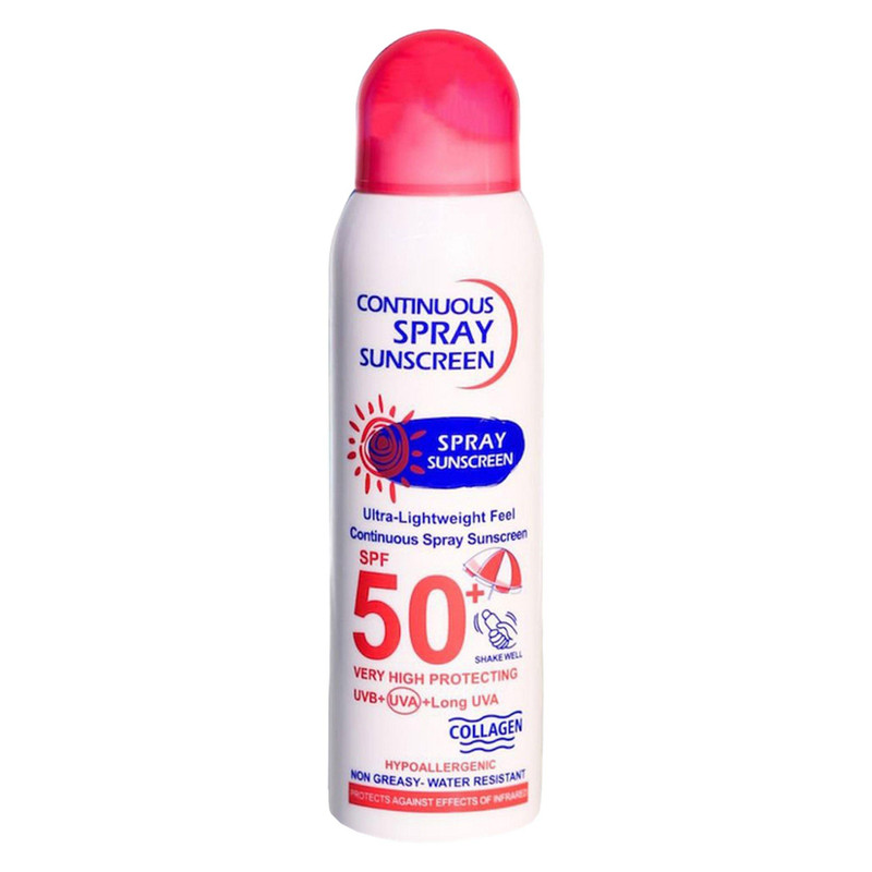 اسپری ضد آفتاب بی‌رنگ وکالی، SPF 50، مدل 001، مناسب انواع پوست چرب با حجم 235 میلی‌لیتر، محافظت‌کننده در برابر اشعه‌های UVA و UVB، ضد آب و مرطوب‌کننده، روشن‌کننده، ضد لک و پیری، دارای فرمولاسیون فاقد چربی، کلاژن، ویتامین‌های C و E، با ماندگاری 2 ساعته