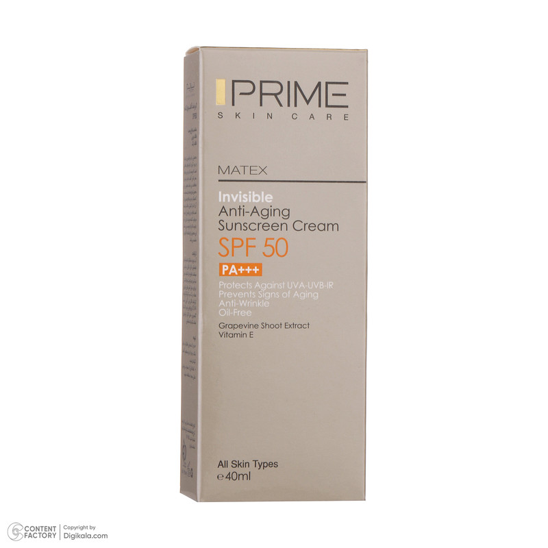 کرم ضدآفتاب بدون رنگ پرایم مدل Anti Aging SPF50، حجم 40 میلیلیتر