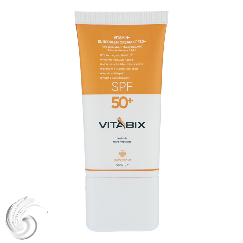 کرم ضد آفتاب بدون رنگ ویتابیکس SPF 50 مدل +Vitamin ‌مناسب پوست‌ خشک حجم 50 میلی‌لیتر محافظت‌کننده اشعه UVA و UVB، بدون تست حیوانی، با ماندگاری 2 ساعته