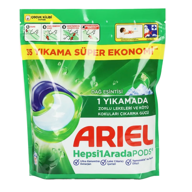 قرص ماشین لباسشویی آریل با رایحه کوهستانی مناسب برای همه البسه ها بسته 35 عددی