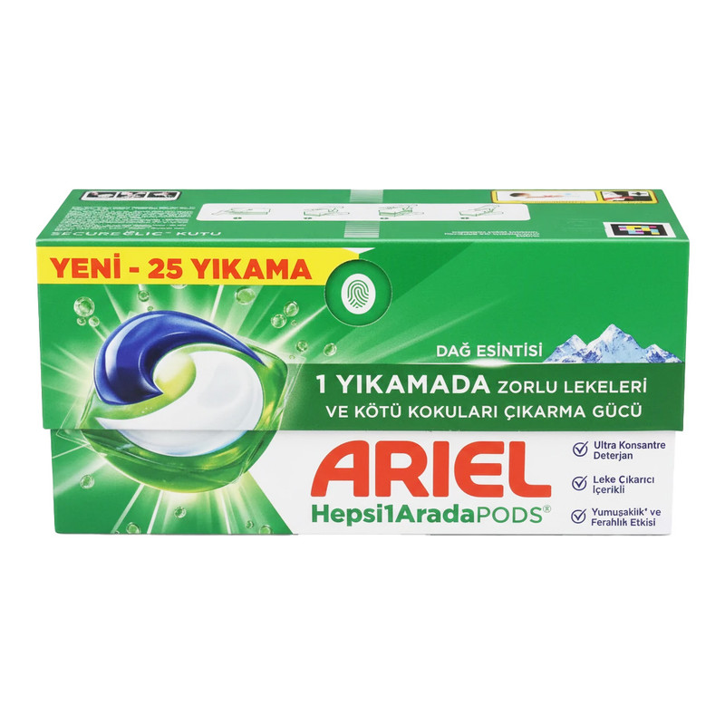 قرص ماشین لباسشویی آریل با رایحه کوهستانی بسته 25 عددی مناسب برای همه البسه ها وزن 490 گرم