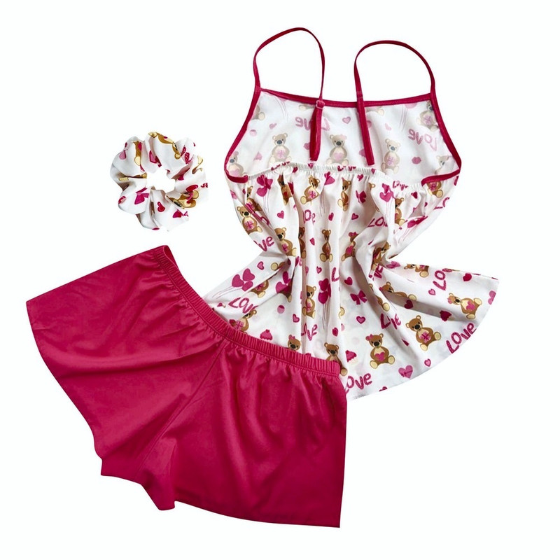 ست تاپ و شلوارک راحتی زنانه مدل خرس و قلب به همراه کش مو