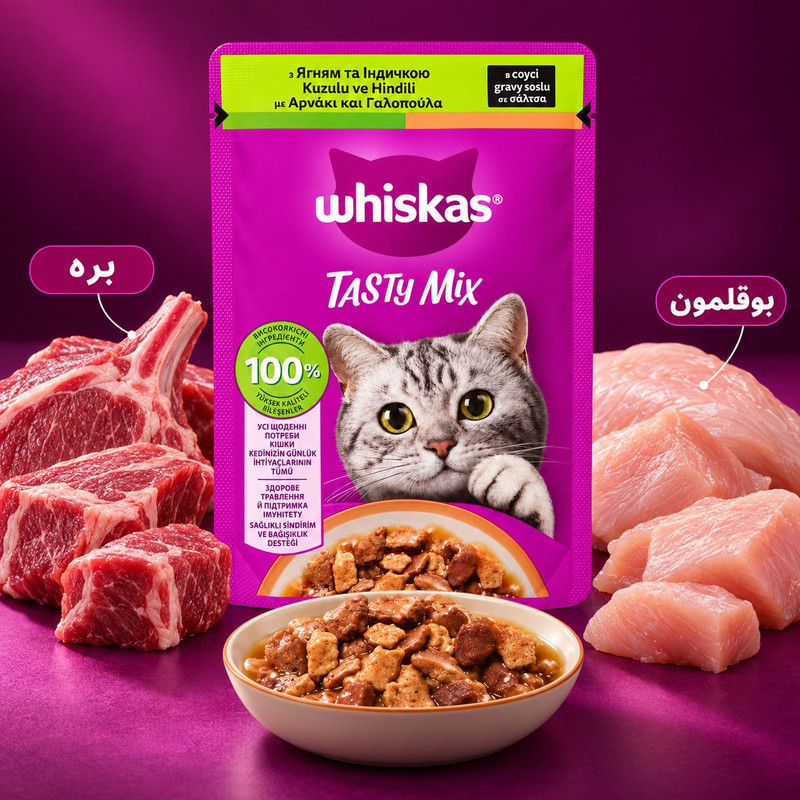 پوچ گربه بالغ ویسکاس مدل گروی طعم بره، بوقلمون وزن 85 گرم