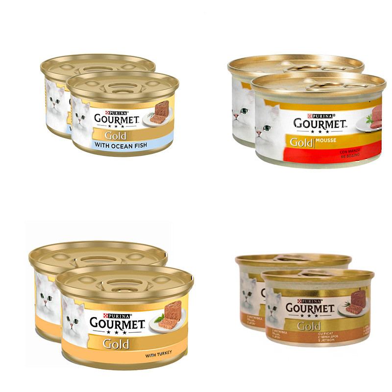کنسرو غذای گربه بالغ گورمت مدل Gold Pate بافت پته با طعم ماهی، بوقلمون، گوشت گاو و جگر بسته 8 عددی