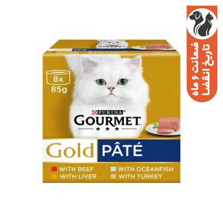 کنسرو غذای گربه بالغ گورمت مدل Gold Pate بافت پته با طعم ماهی، بوقلمون، گوشت گاو و جگر بسته 8 عددی