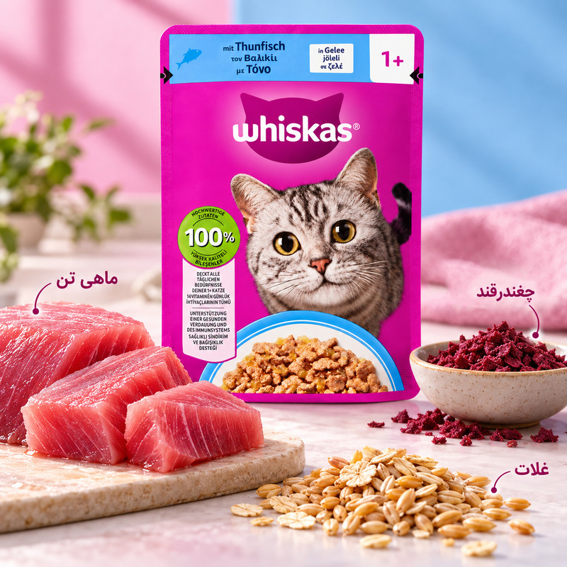 پوچ گربه بالغ ویسکاس مدل ژلی طعم ماهی تن وزن 85 گرم