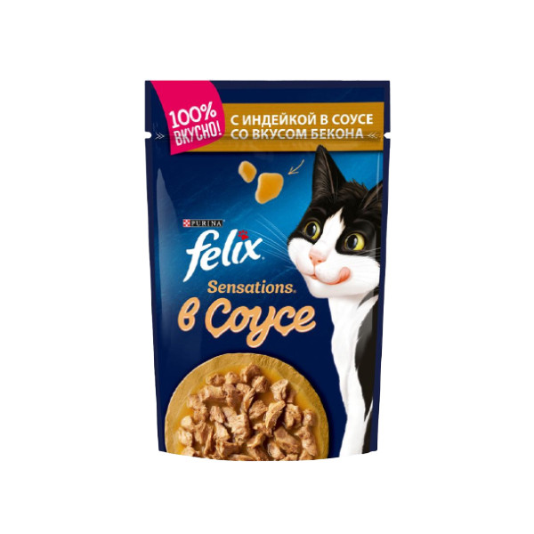 پوچ گربه بالغ فلیکس مدل Sensations Turkey in Bacon-flavored Sauce طعم بوقلمون وزن ۷۵ گرم