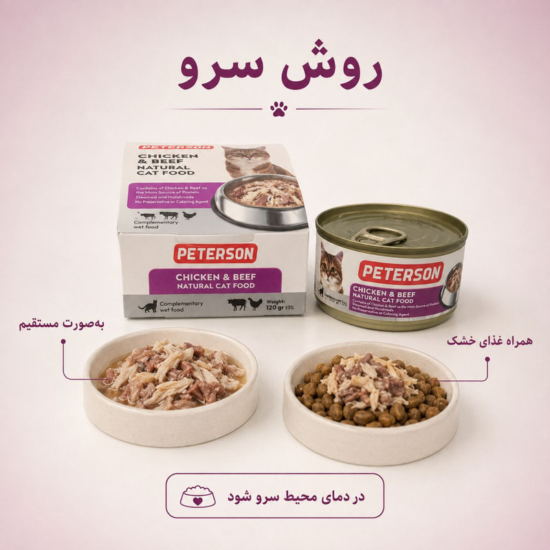کنسرو غذای گربه بالغ پترسون مدل فیله طعم مرغ و گوشت گاو وزن 120 گرم