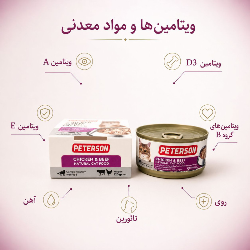 کنسرو غذای گربه بالغ پترسون مدل فیله طعم مرغ و گوشت گاو وزن 120 گرم