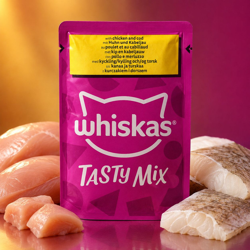 پوچ گربه بالغ ویسکاس مدل Tasty Mix طعم مرغ و ماهی کاد وزن ۸۵ گرم