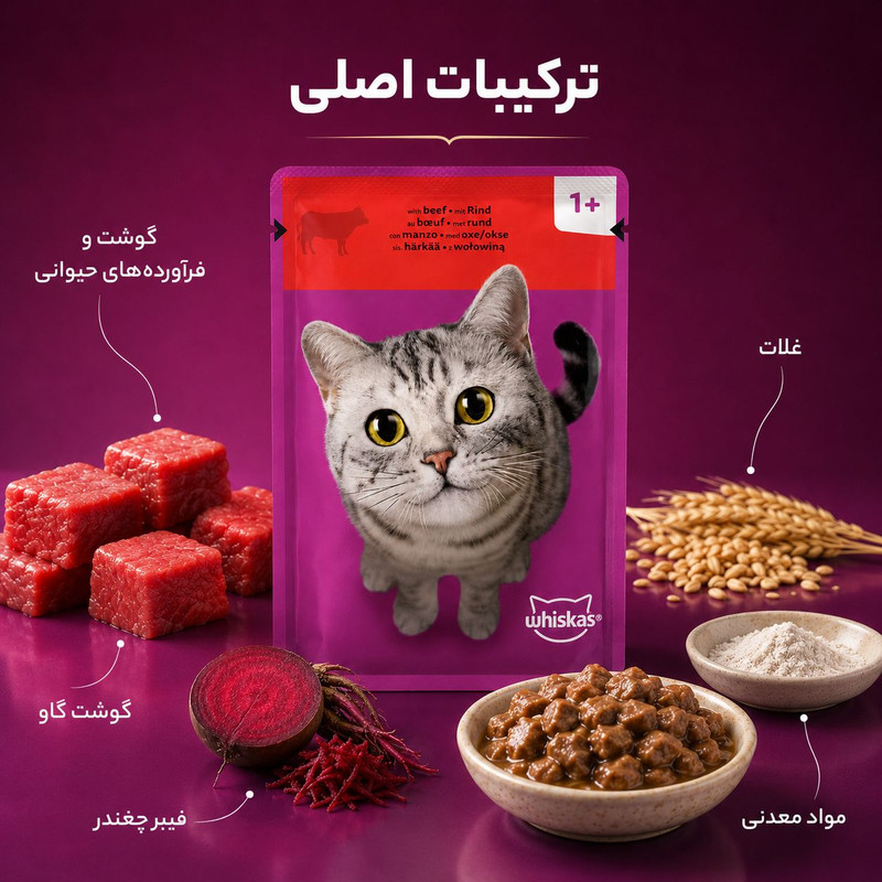 پوچ گربه بالغ ویسکاس مدل In jelly طعم گوشت گاو وزن 85 گرم