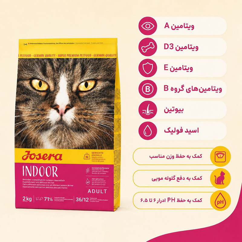 غذای خشک گربه عقیم شده جوسرا مدل Indoor وزن 2 کیلوگرم