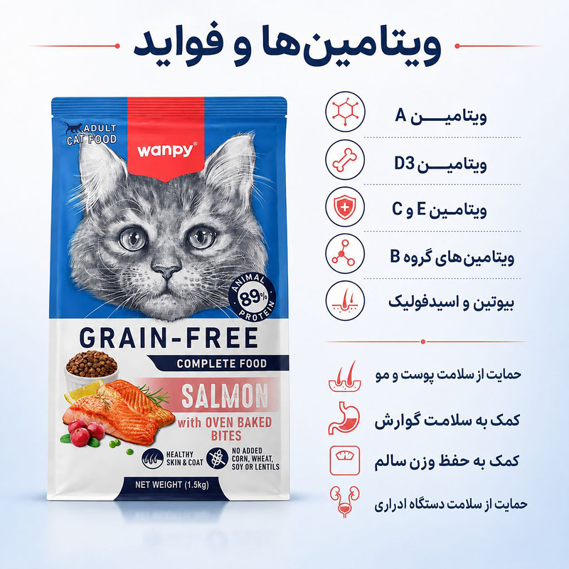 غذای خشک گربه بالغ ونپی مدل گرین فری سالمون وزن 1.5کیلوگرم