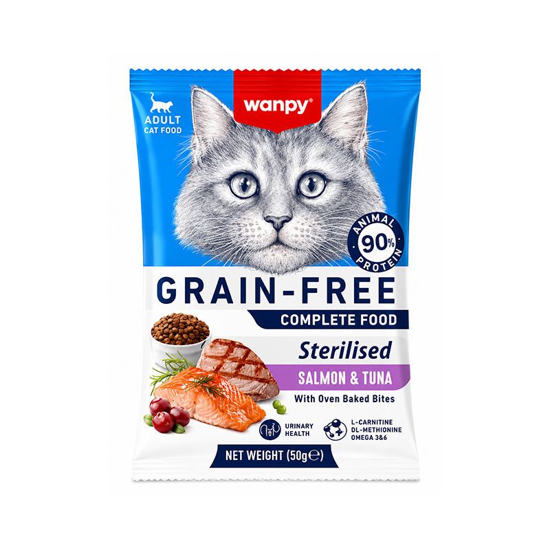 غذای خشک گربه عقیم شده ونپی مدل Grain Free Sterilised با طعم ماهی تن و سالمون وزن 50 گرم
