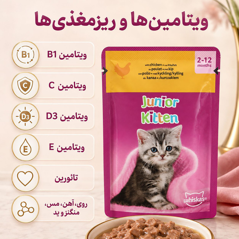 پوچ بچه گربه ویسکاس مدل Kitten in Jelly با طعم مرغ وزن 85 گرم
