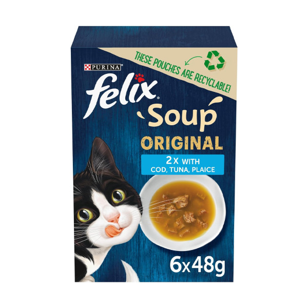 سوپ گربه بالغ فلیکس مدل Soup Original با طعم ماهی تن، ماهی کاد و ماهی فلاندر بسته 6 عددی