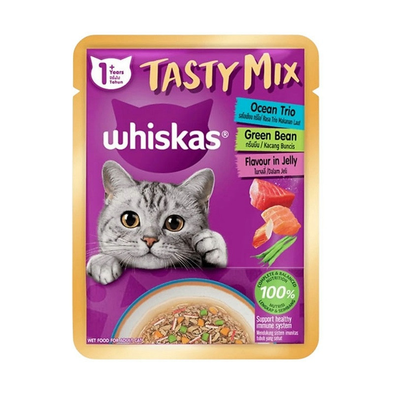 پوچ گربه ویسکاس مدل Tasty Mix in Jelly طعم‌ خرچنگ و لوبیا سبز وزن ۷۰ گرم