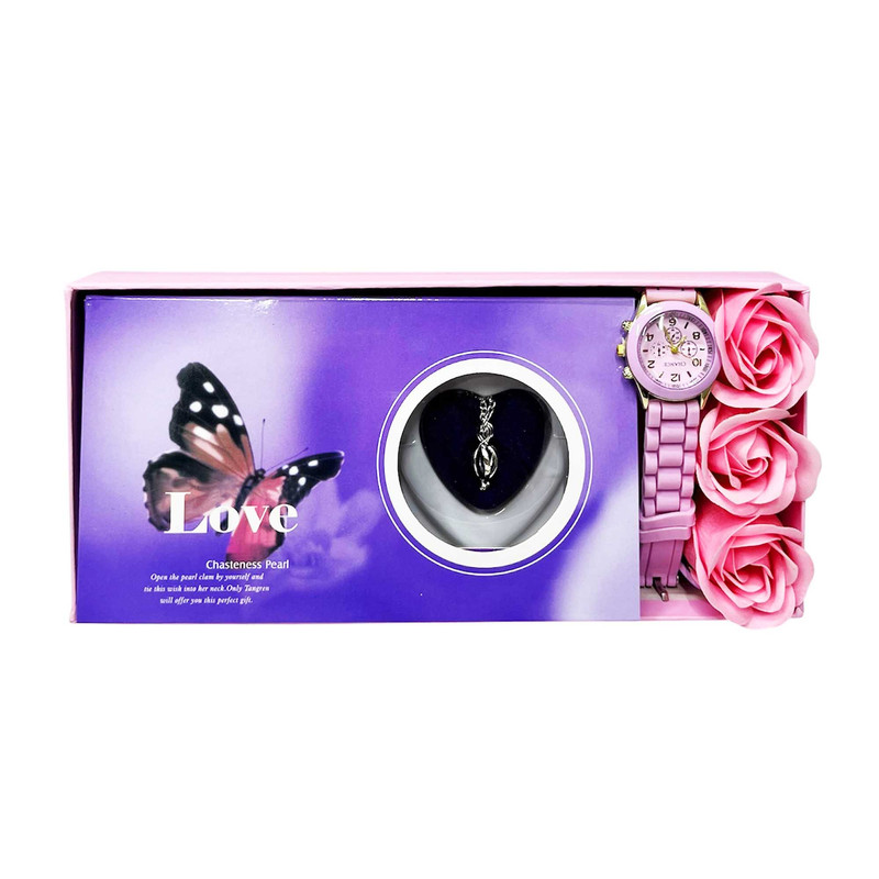 ست هدیه زنانه مدل مروارید داخل صدف همراه ساعت و باکس گل معطر کد 14