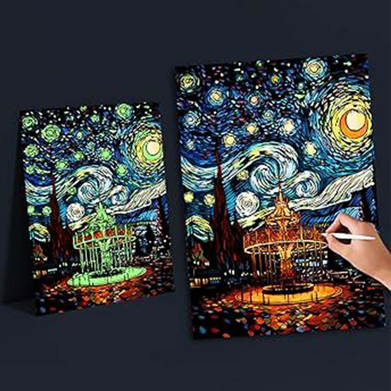 مقوا رنگآمیزی مدل اسکراچ شب پر ستاره ونگوگ شب تاب سایز 42x30 سانتیمتر