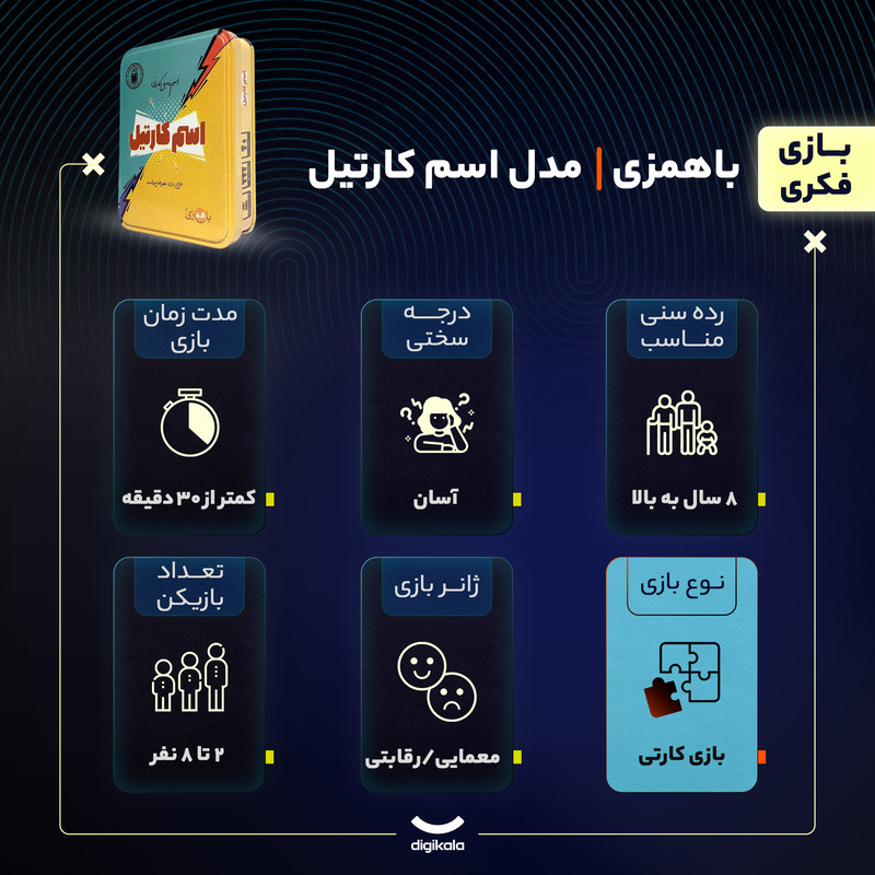بازی فکری کارتی معمایی باهمزی مدل اسم کارتیل با 64 کارت حافظهای، مناسب 8 سال به بالا، تقویت حافظه، دایره لغات، سرعت عمل، تعامل اجتماعی و رقابت دوستانه، 2 تا 8 بازیکن، مدت بازی کمتر از 30 دقیقه