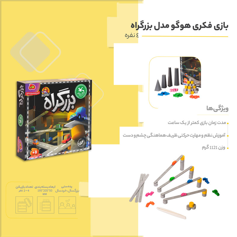 بازی فکری آموزش خلاقیت هوکیا مدل بزرگراه 4 نفره، تقویت مهارت حرکتی ظریف و هماهنگی چشم و دست، افزایش تمرکز، نظم و خلاقیت، مناسب کودکان و بزرگسالان، زمان بازی 30 دقیقه، ساخت ایران