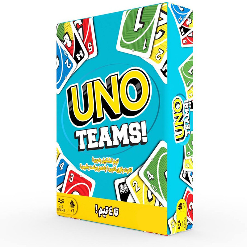 بازی فکری کارتی مدل UNO Teams مناسب 7 سال به بالا، دو تا چهار نفره، با 112 کارت عملیاتی و زمان بازی کمتر از 30 دقیقه، تولید ایران