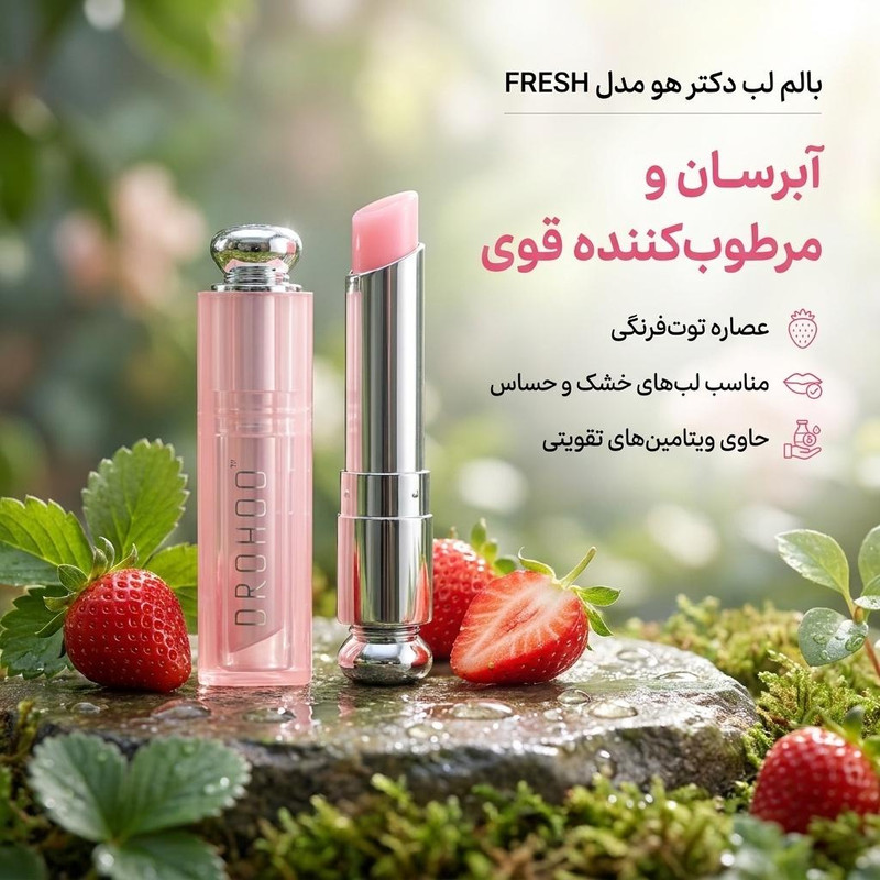 بالم لب دکتر هو مدل FRESH کد 25، با رنگ صورتی، آبرسان و مرطوبکننده، مناسب برای بانوان، حاوی عصاره توتفرنگی و ویتامینهای تقویتی