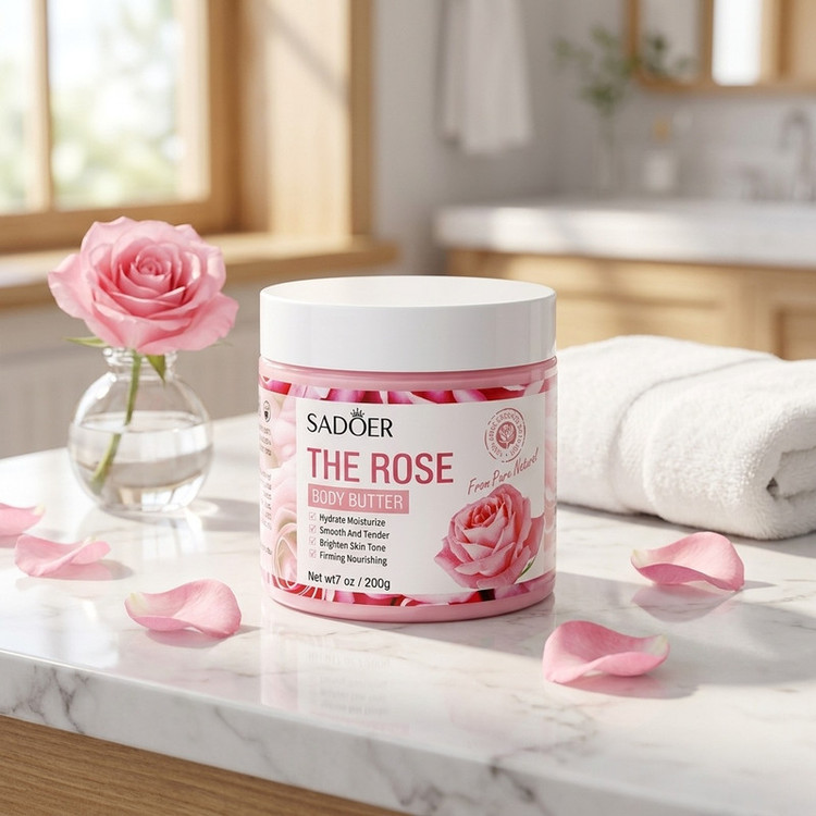 کره بدن سادور مدل The Rose حجم 250 میلیلیتر مرطوبکننده و ضد خشکی با ویتامین E، روغن بادام، آرگان و عصاره گل رز، ضد ترک، جوانساز، فاقد پارابن و مواد حساسیتزا، مناسب انواع پوست و استفاده پس از دوش