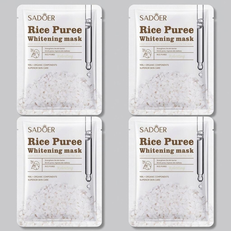 ماسک ورقهای صورت سادور مدل Rice Puree آبرسان، درخشان کننده، کوچک کننده منافذ باز پوست، جوان کننده، لایهبردار، روشن کننده، ضد چروک، محکم کننده، نرمکننده، مغذی، مرطوبکننده، محافظتکننده بدون الکل، حاوی ویتامین E و B6، مناسب انواع پوست بسته 4 عددی
