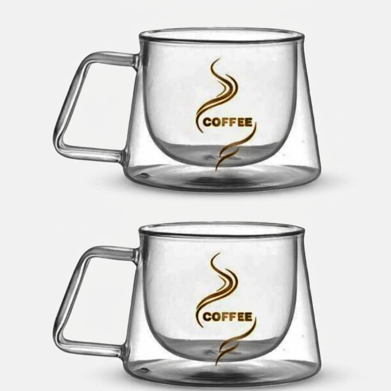 لیوان مدل دوجداره دسته دار کد 250 طرح کافی بسته 2 عددی