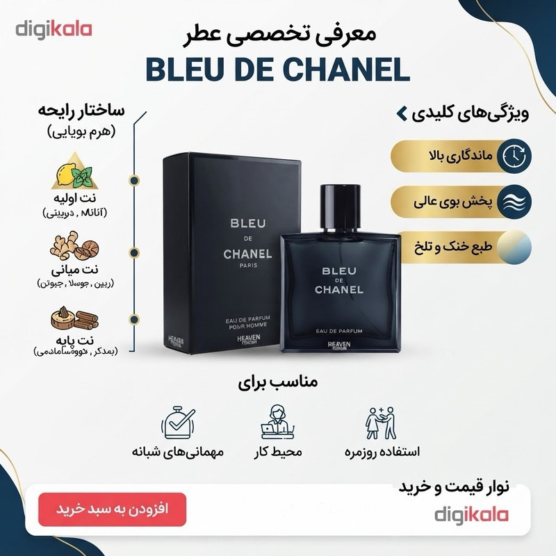ادو پرفیوم مردانه هیوِن مدل بلو د چنل BLUE CHANEL حجم 100 میلیلیتر، با رایحه چوبی و معتدل،ماندگاری زیاد و پخش بوی قوی